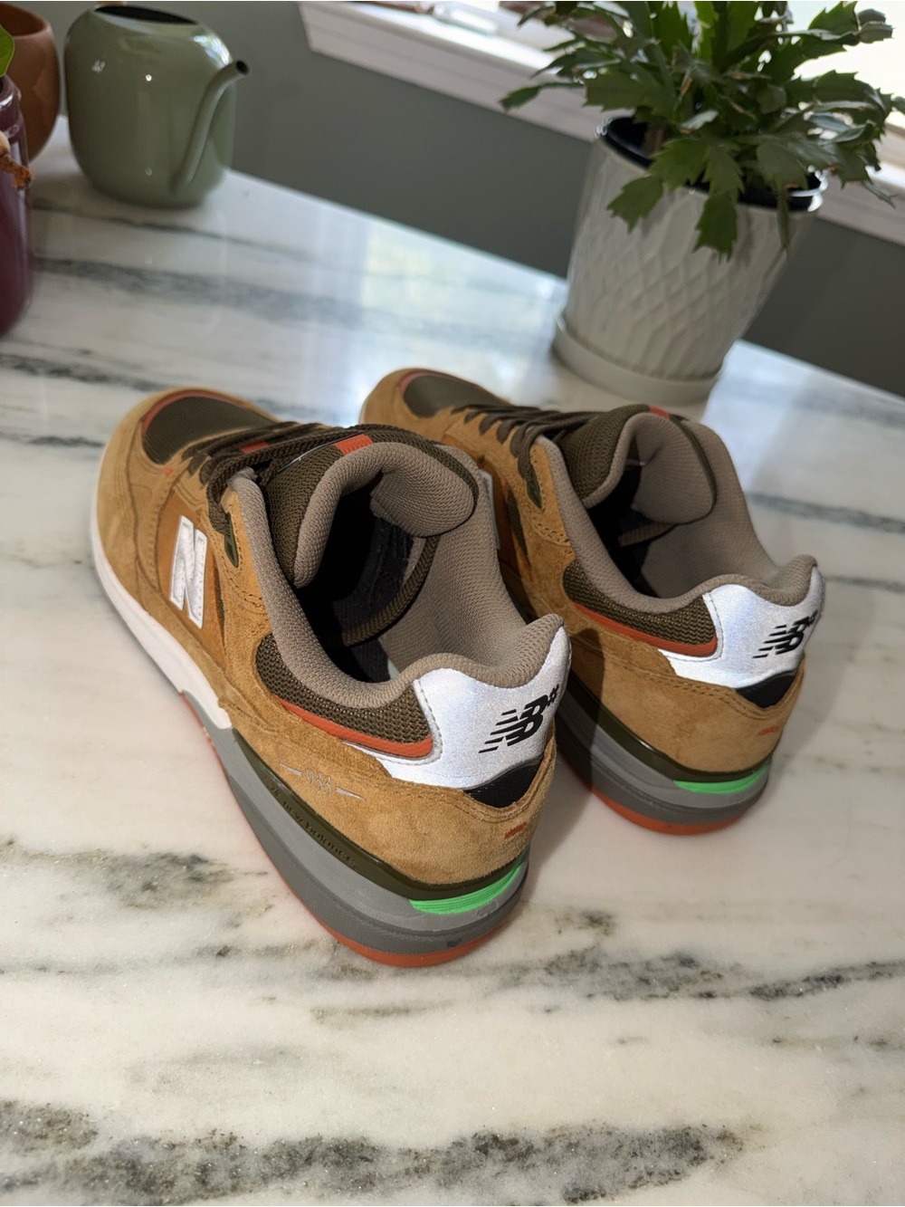 New Balance Men’s Tan and Olive Suede Mesh Sneakers - Picture 2 of 3